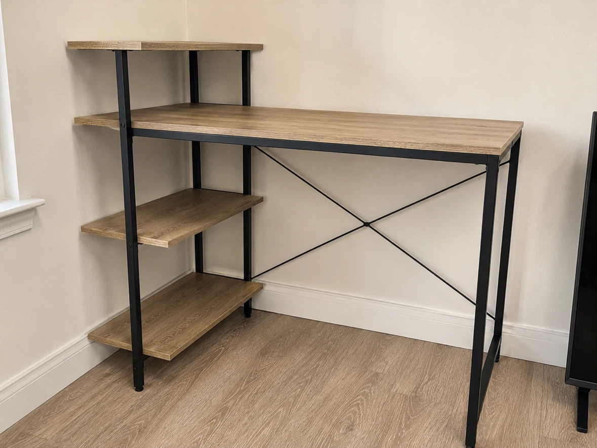 Wood and Black Metal Desk with Shelving