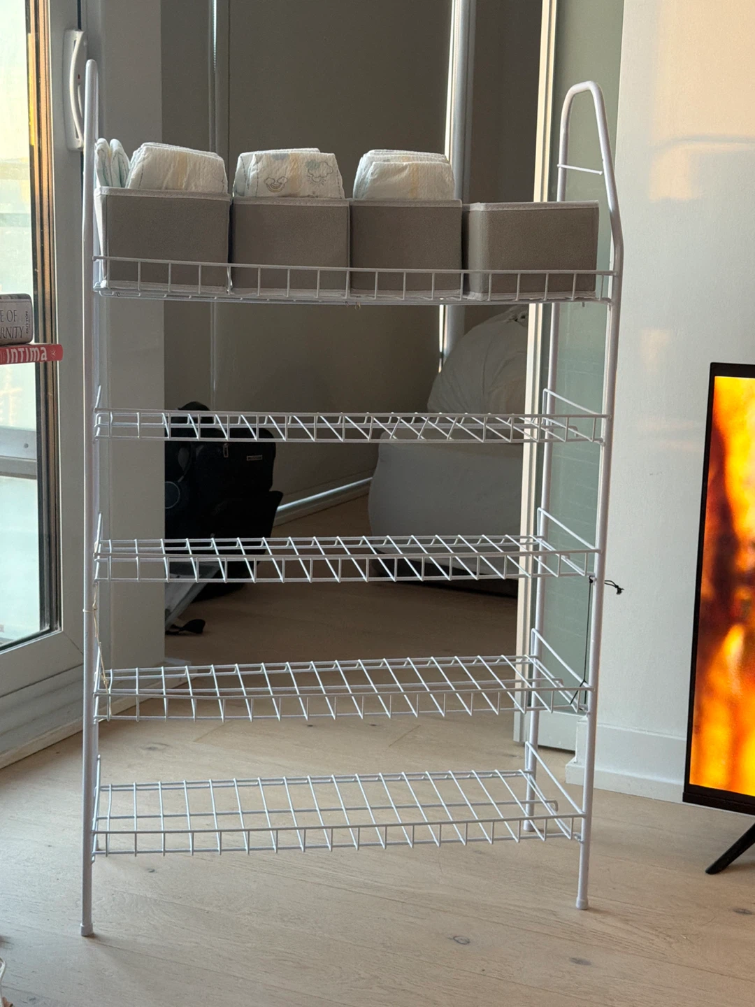 White 4-Tier Wire Shelf Rack with Bins