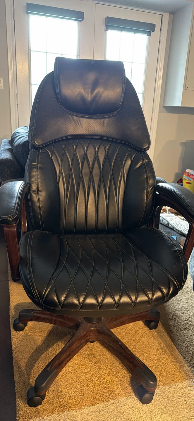 Black Executive Office Chair, Samsung Monitor and Desk