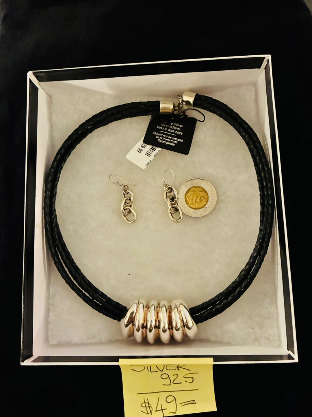 Silver 925 Braided Leather Necklace and Earring Set - photo 2