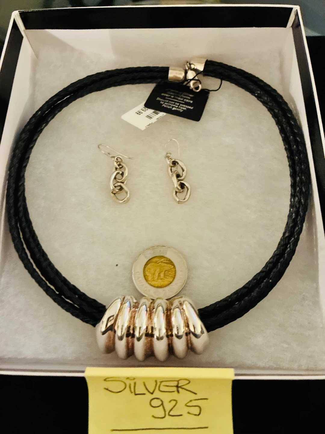 Silver 925 Braided Leather Necklace and Earring Set - photo 3