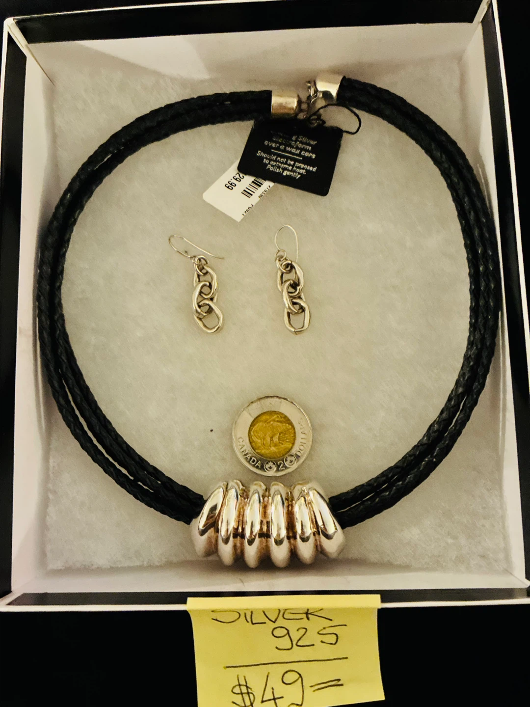 Silver 925 Braided Leather Necklace and Earring Set - photo 4