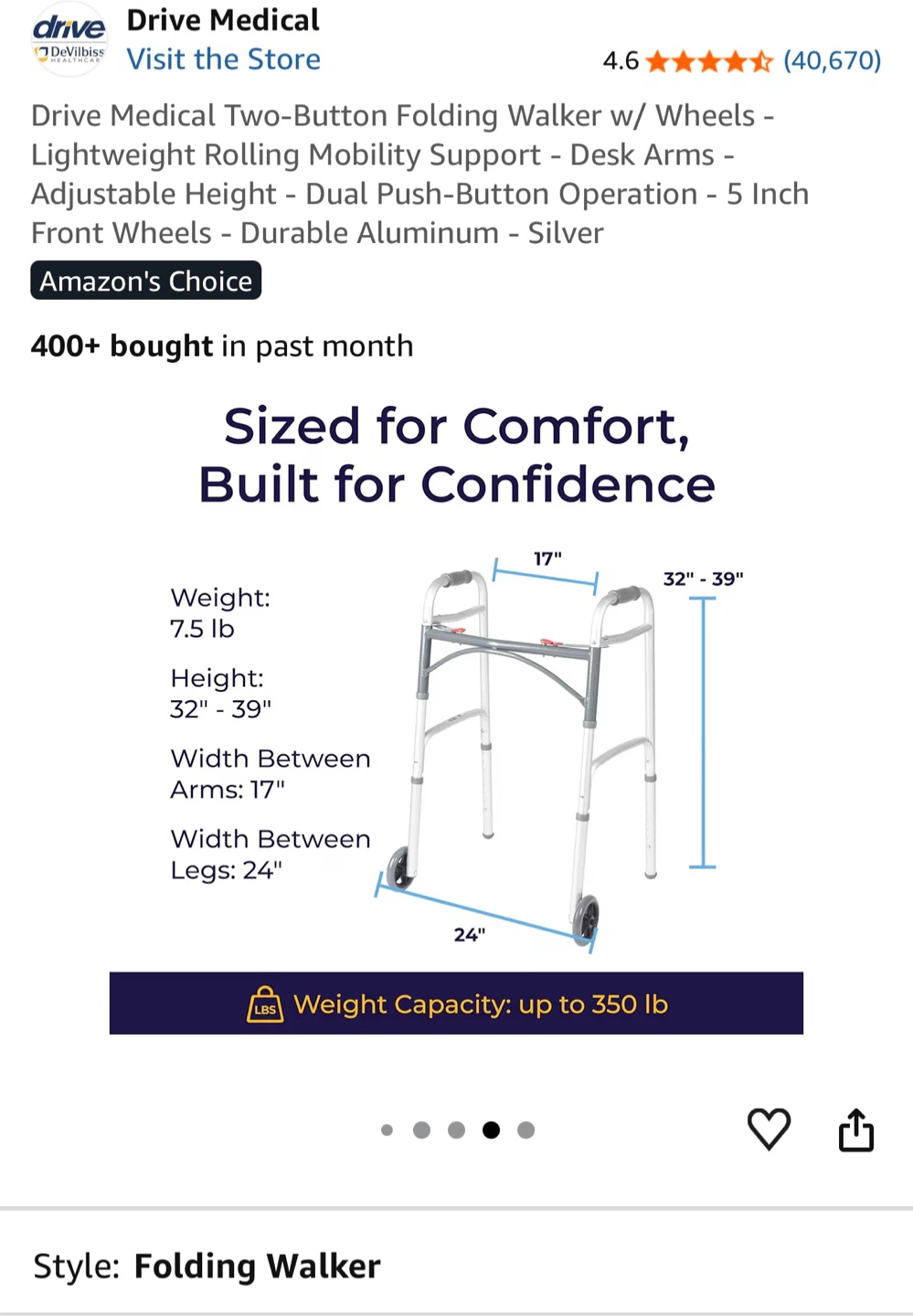 Drive Medical Folding Walker w/ Wheels - photo 3