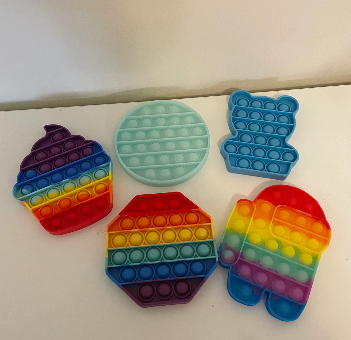 5 Pop It Toys Bundle – Glow in the Dark, Among Us, Cupcake