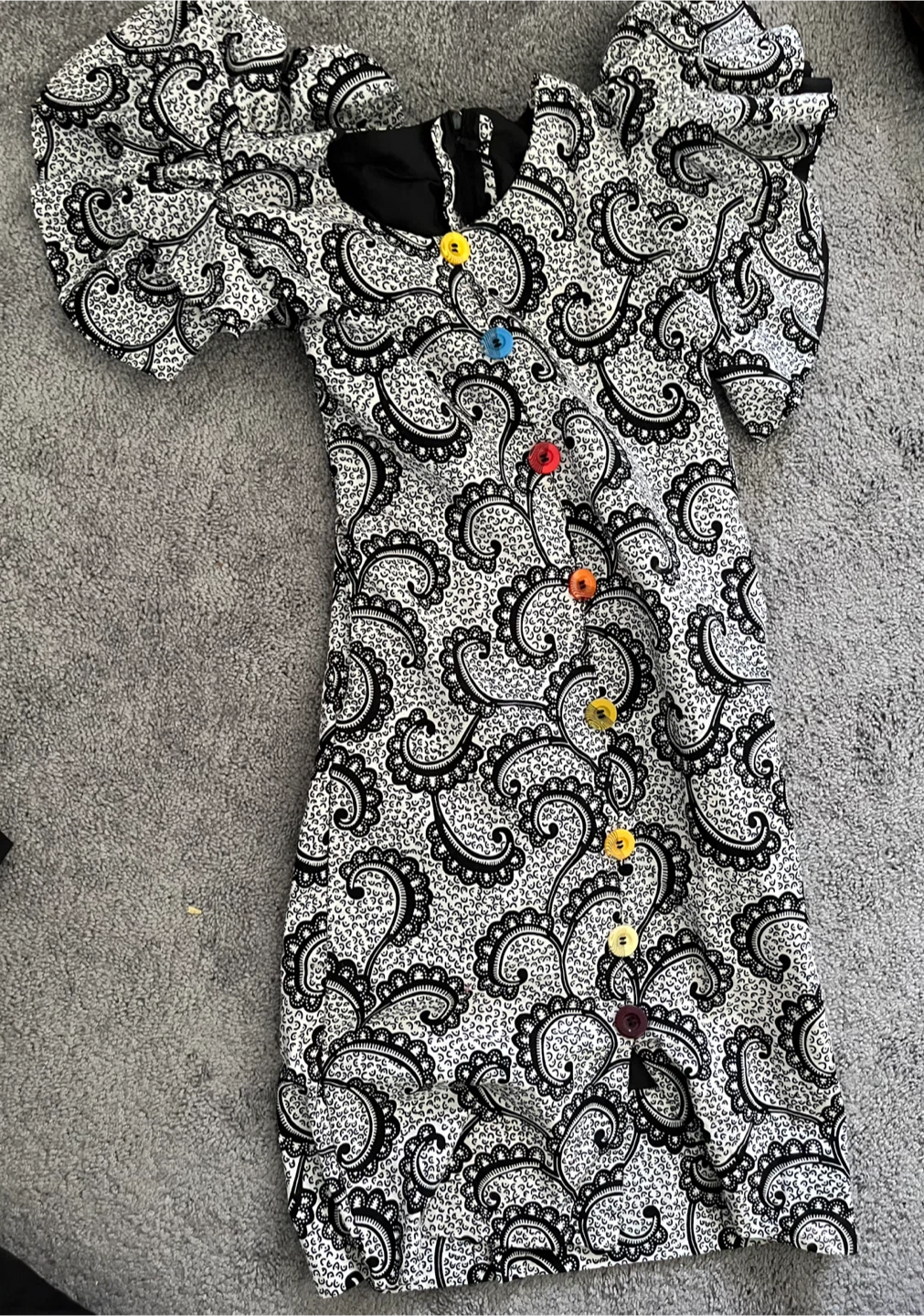 Black and White Paisley Dress with Colourful Buttons