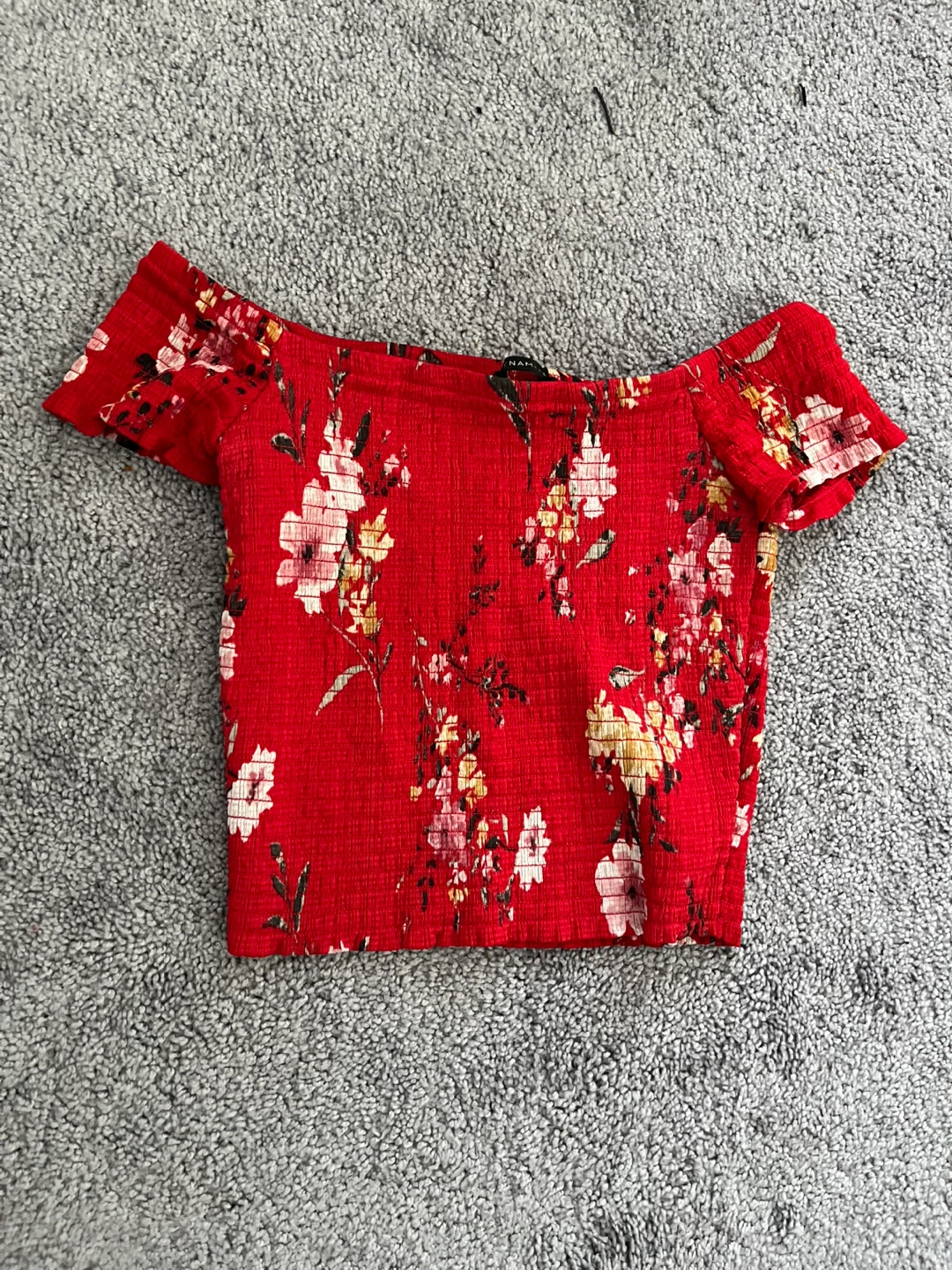 Red Floral Off-the-Shoulder Smocked Crop Top
