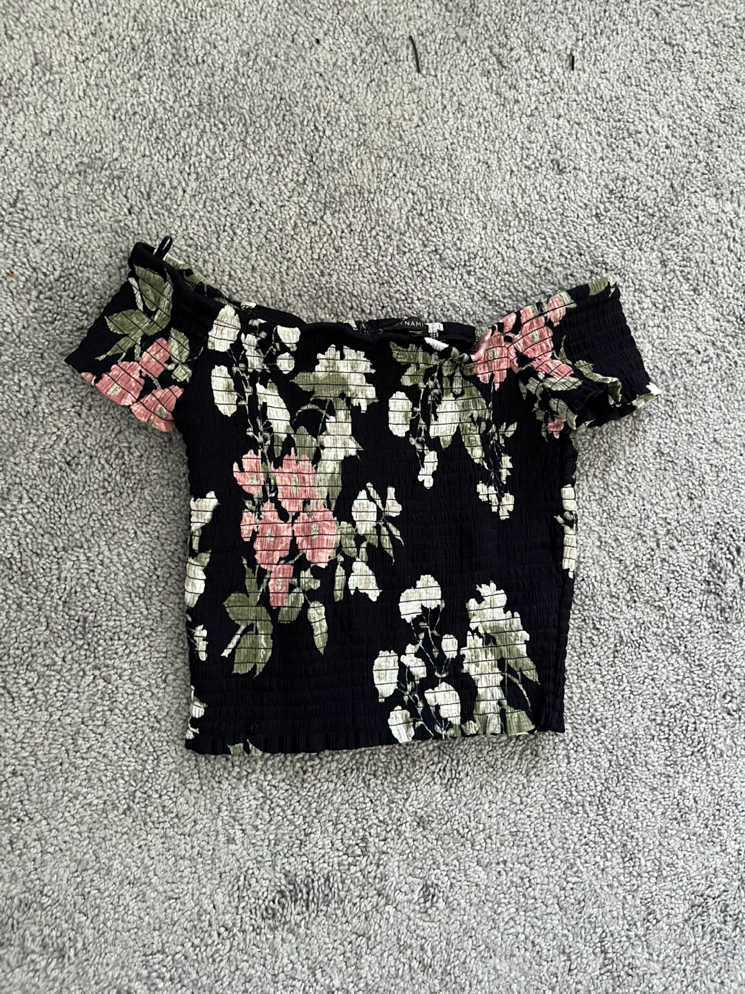 Black floral smocked off-the-shoulder crop top