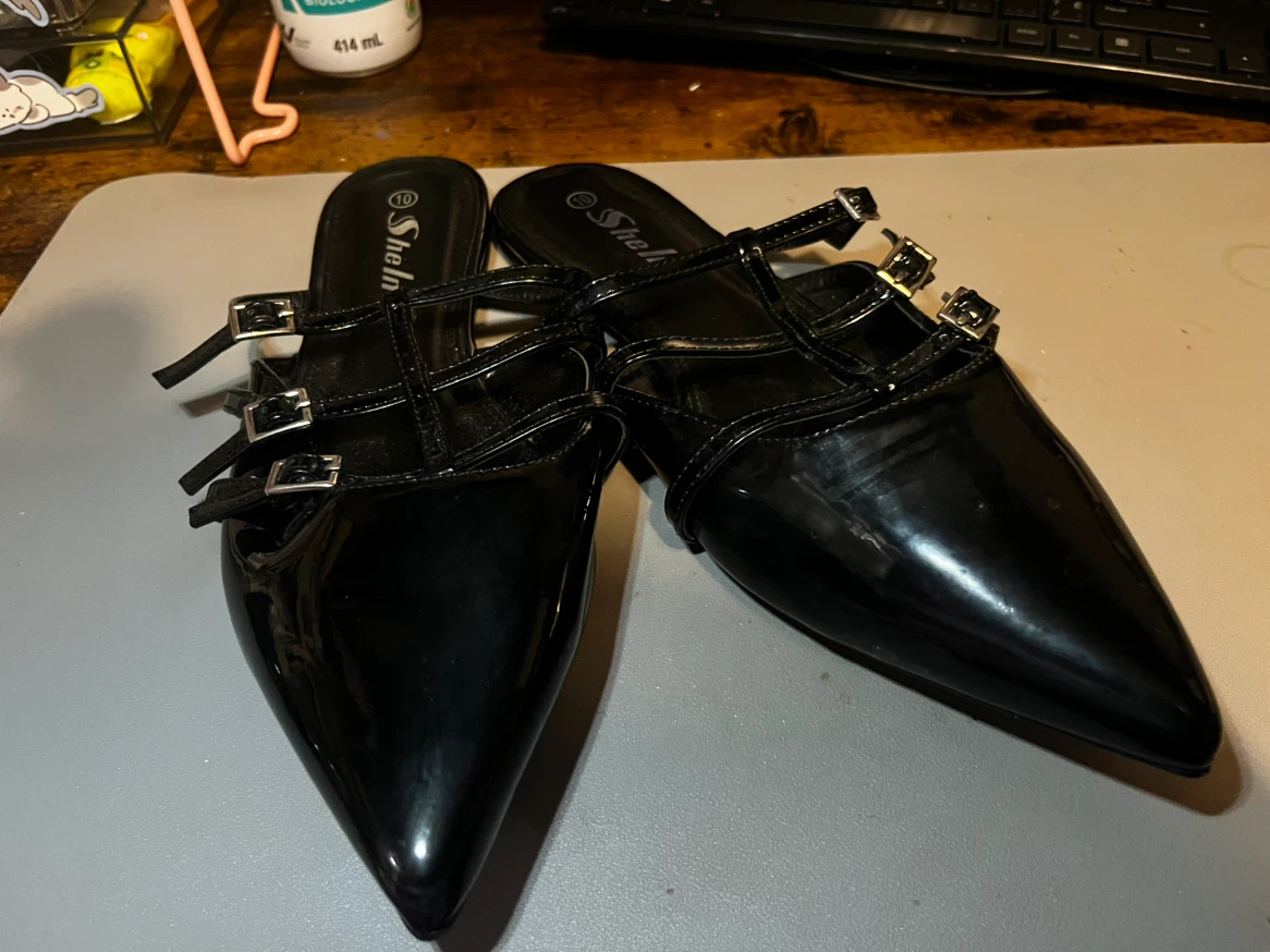 SHEIN Black Patent Pointed Toe Buckle Mules - Size 10