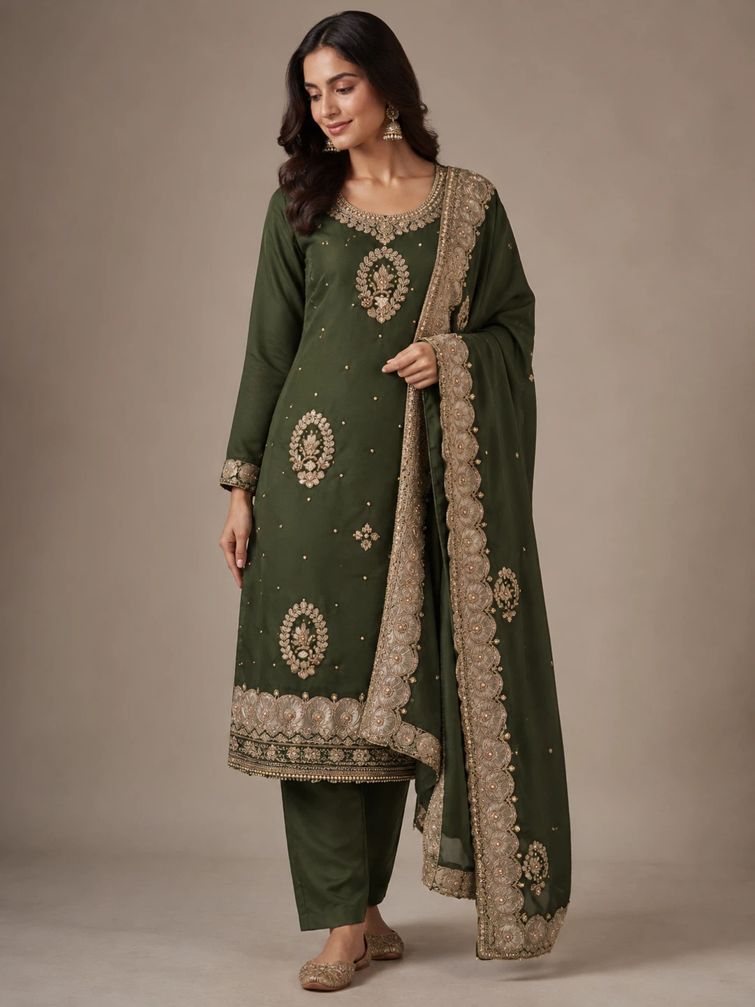 Unstitched Green Salwar Kameez Dupatta Set