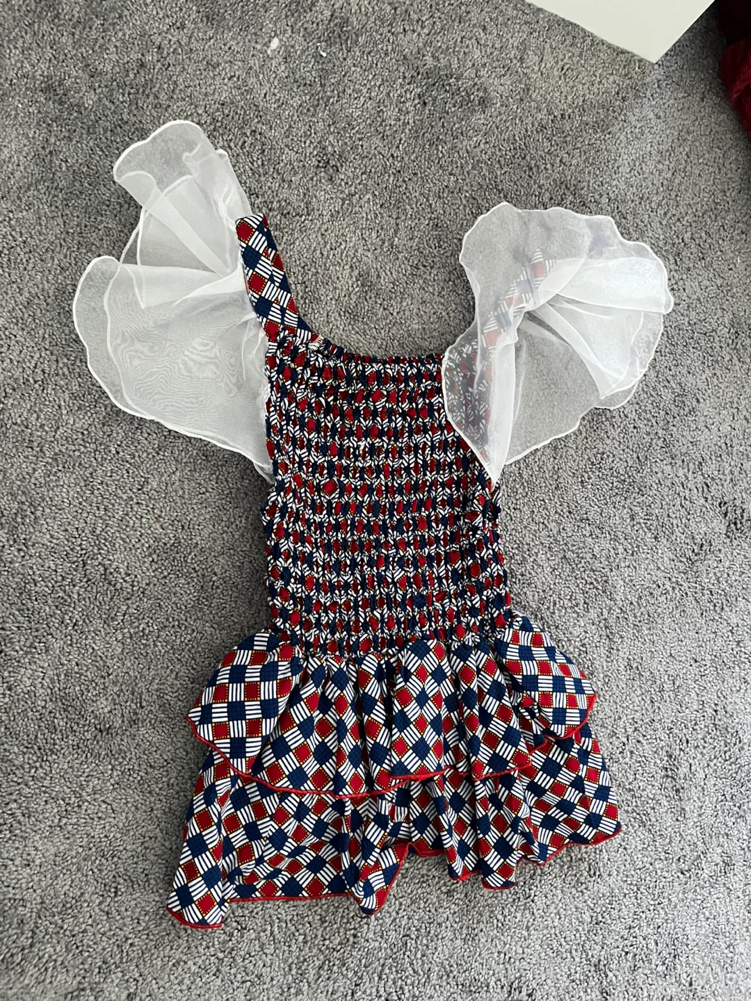 Girls Smocked Ruffle Sleeve Dress Red/Blue Gingham