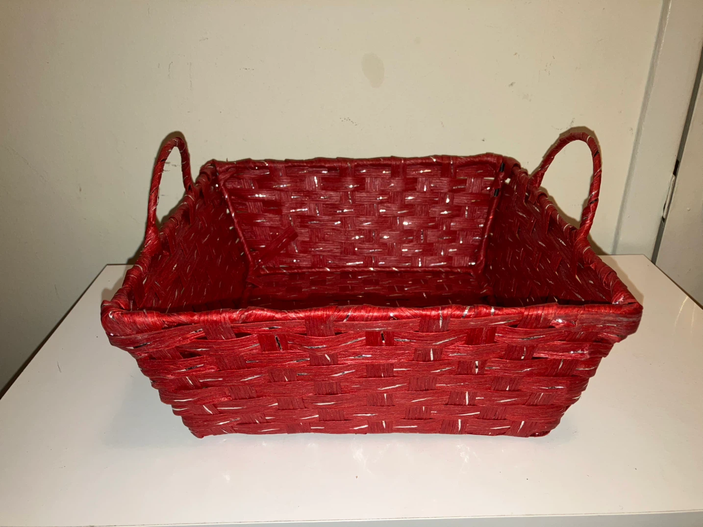 Red Woven Basket with Handles-10”x10”x4”