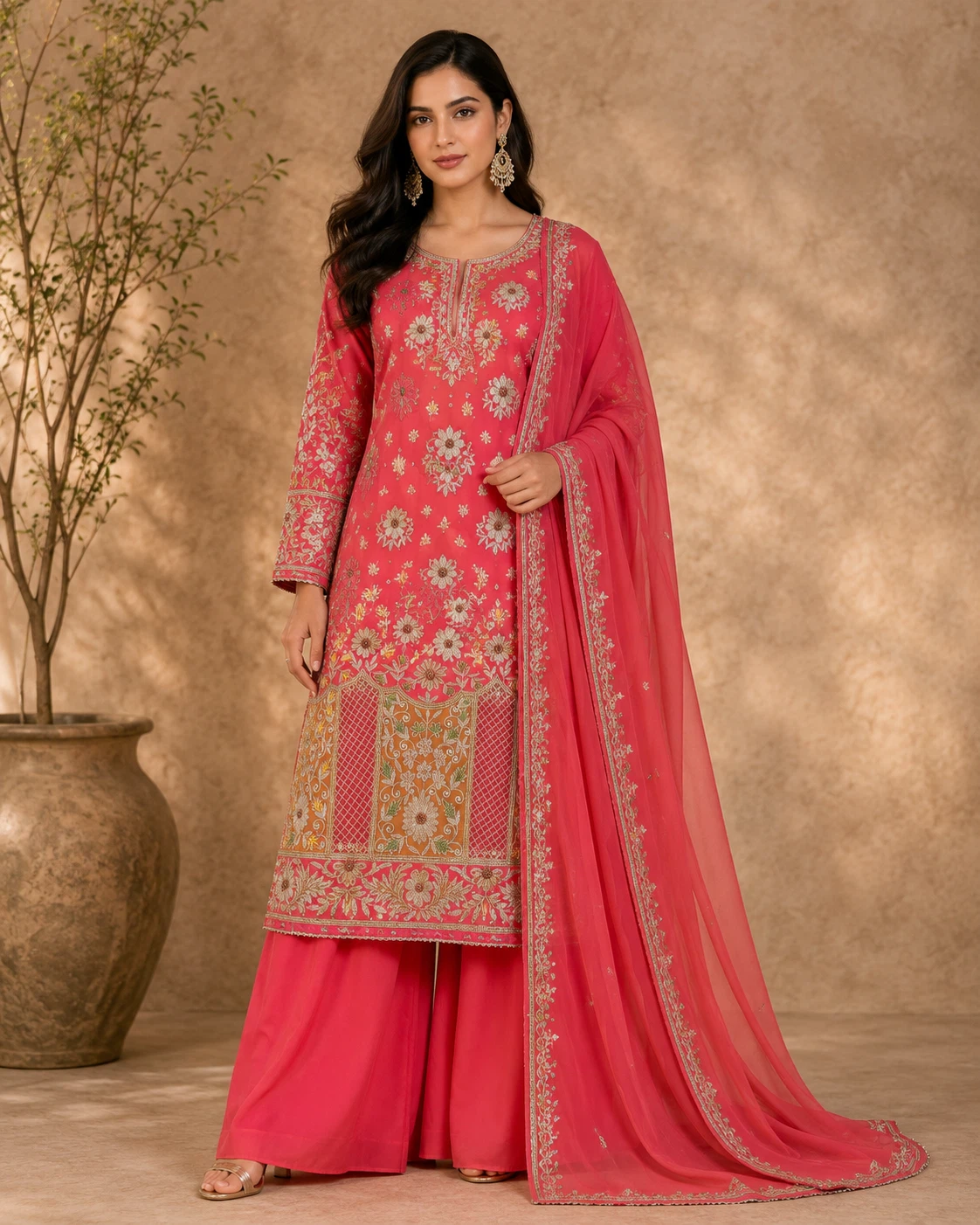 Unstitched Embroidered Pink Kameez Set