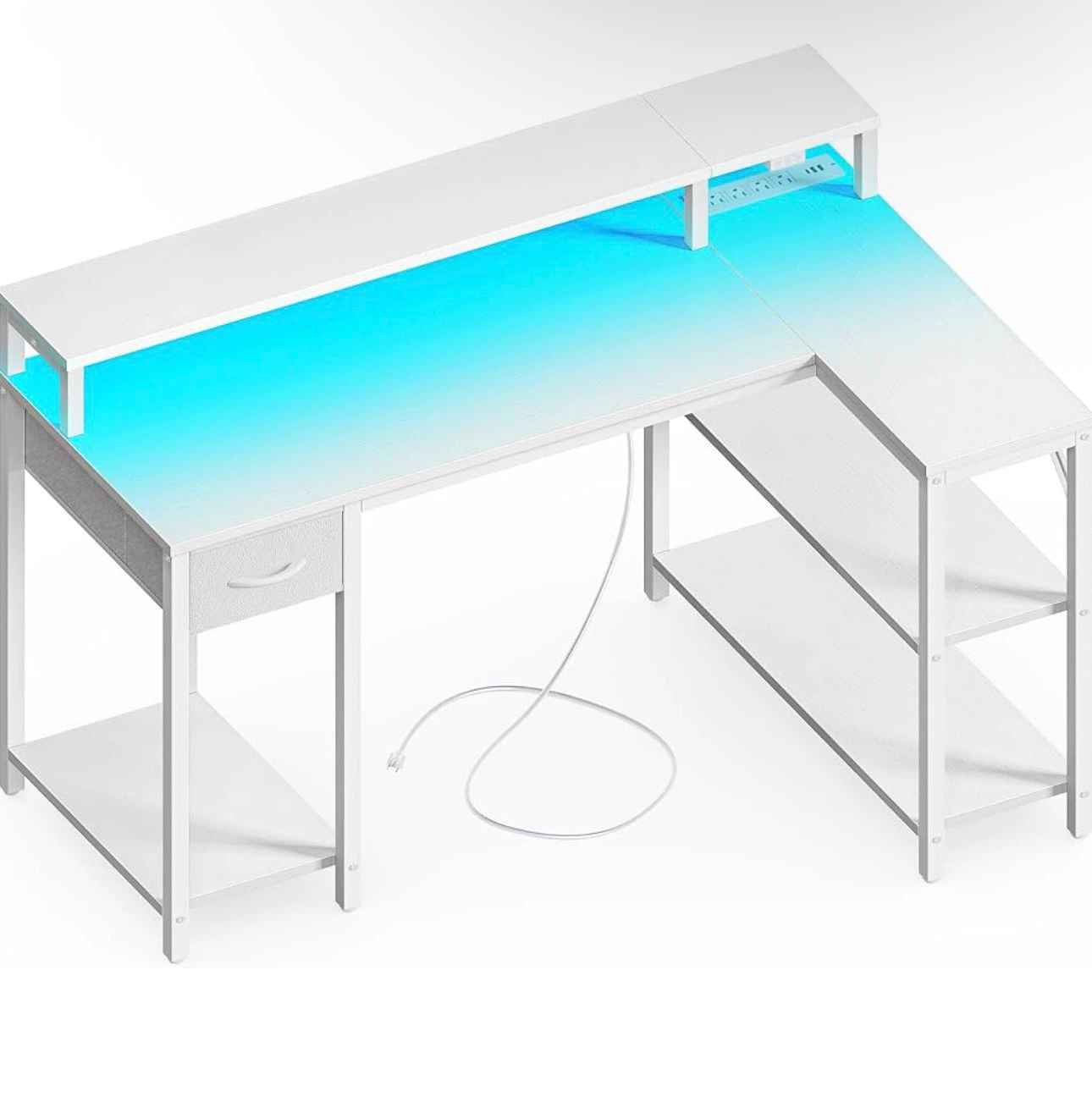 White L-Shaped Desk with Built-in Power Strip and Shelving