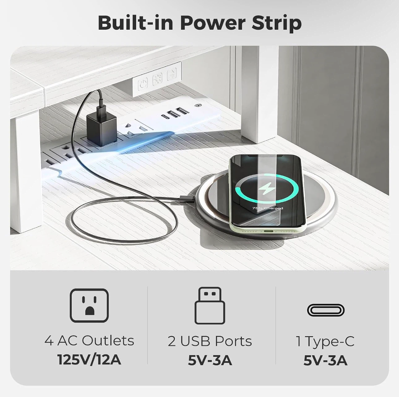 White L-Shaped Desk with Built-in Power Strip and Shelving - photo 3
