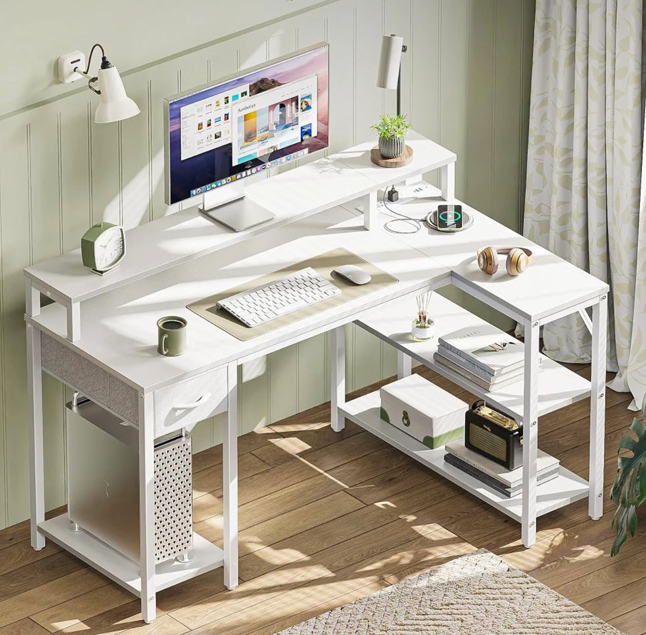 White L-Shaped Desk with Built-in Power Strip and Shelving - photo 4