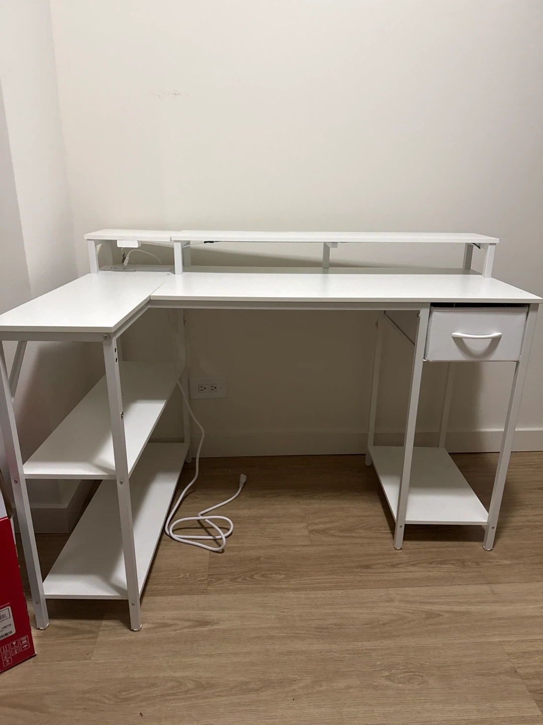 White L-Shaped Desk with Built-in Power Strip and Shelving - photo 5