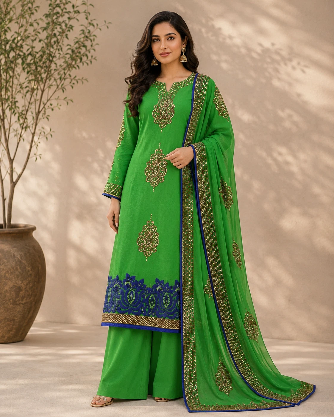 Unstitched Green Embroidered Shalwar Kameez Set with Blue Trim