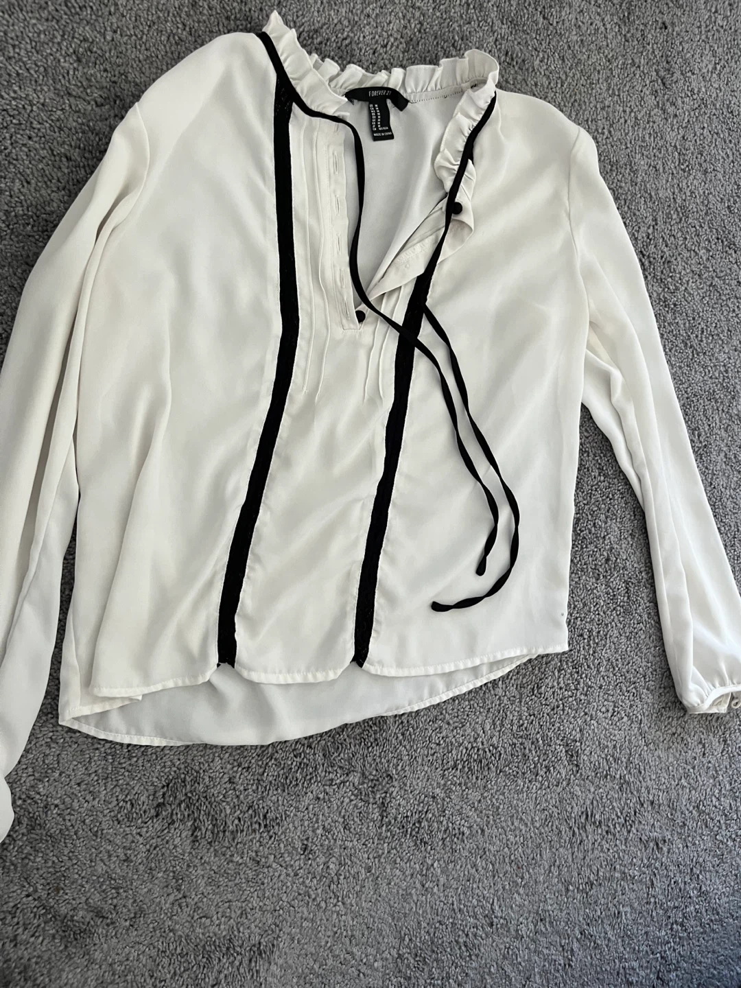 Forever 21 White Long Sleeve Blouse with Black Trim