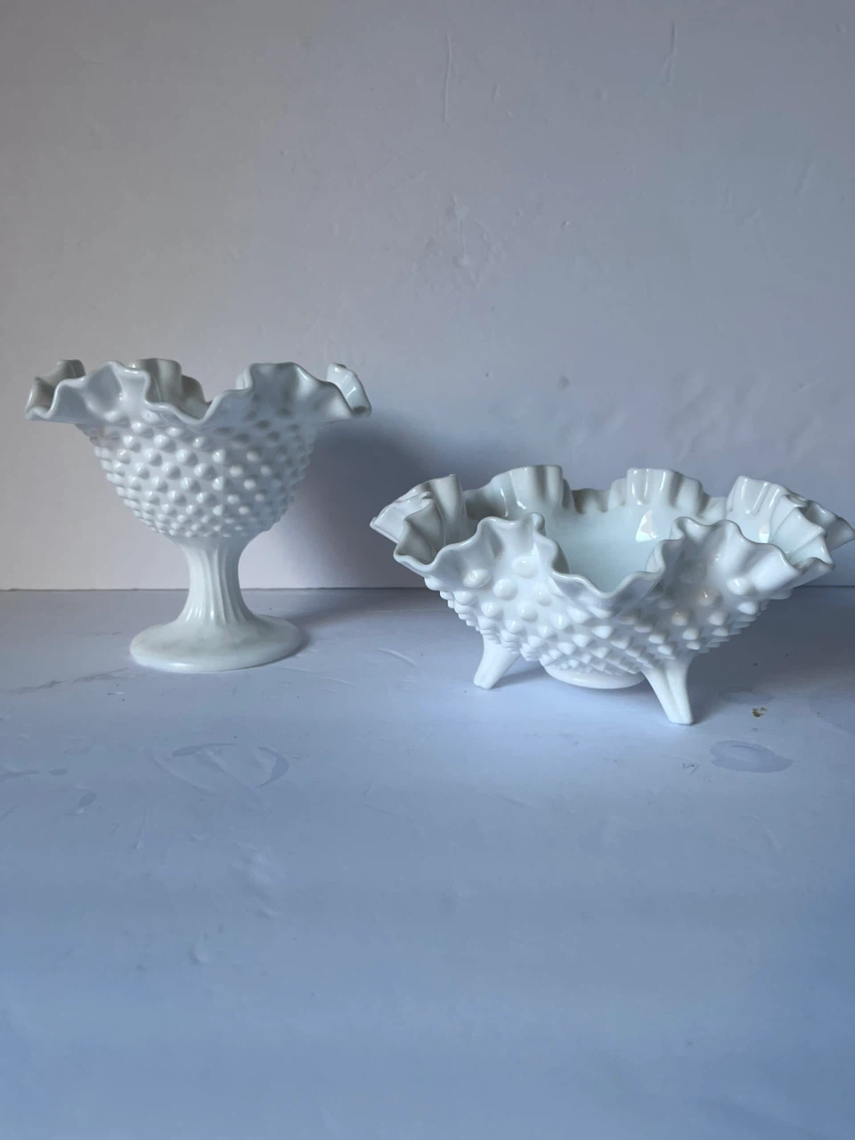 White Hobnail Milk Glass Footed Bowl and Compote