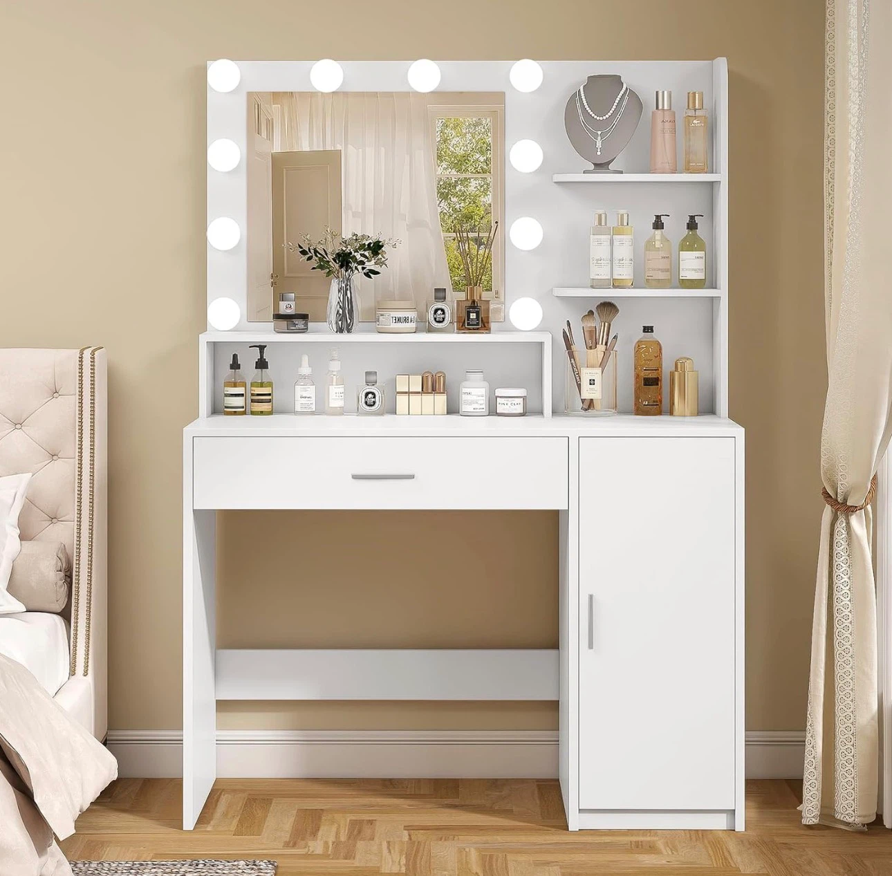White Vanity Desk with Lighted Mirror and Storage
