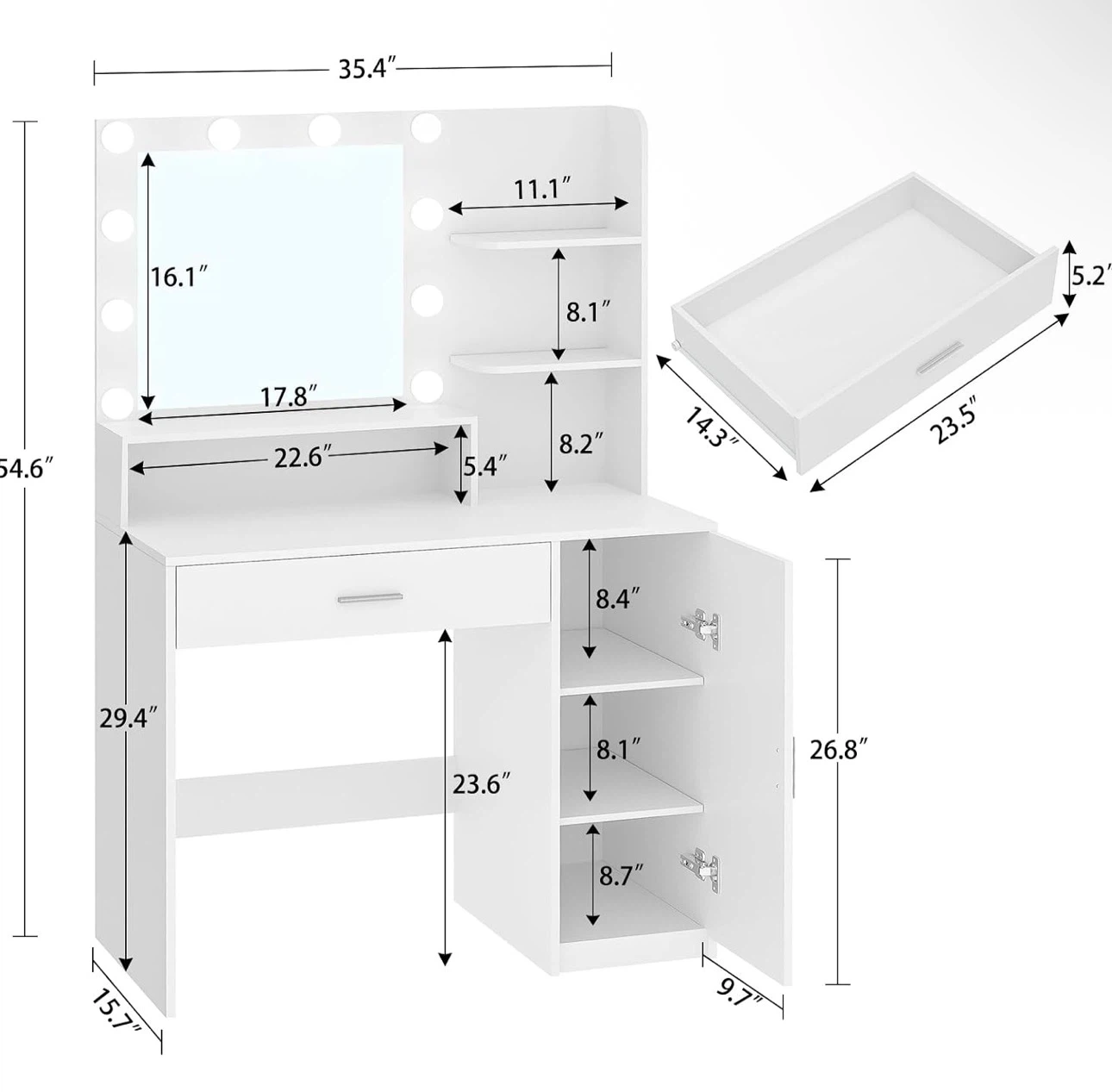 White Vanity Desk with Lighted Mirror and Storage - photo 2
