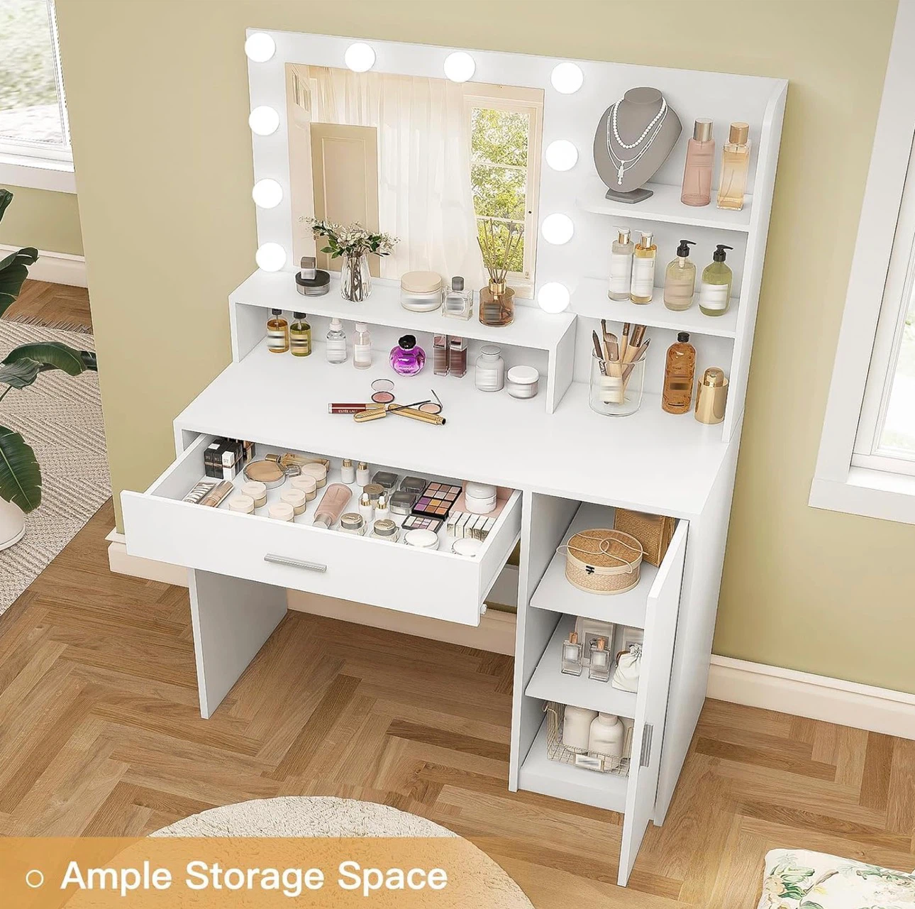 White Vanity Desk with Lighted Mirror and Storage - photo 3