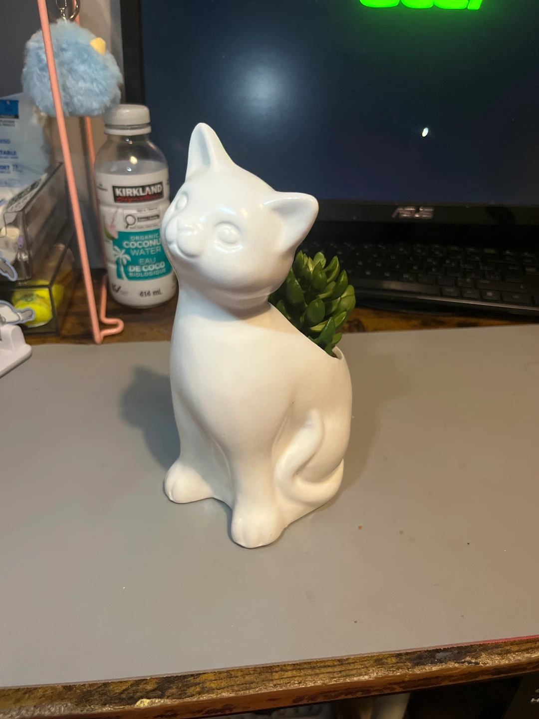 White Ceramic Cat Planter with Succulent