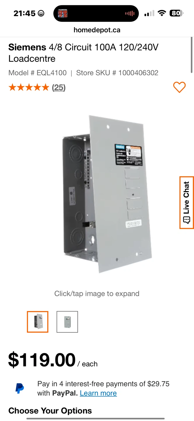 Subpanel Siemens 4/8 Circuit 100A 120/240V Loadcentre