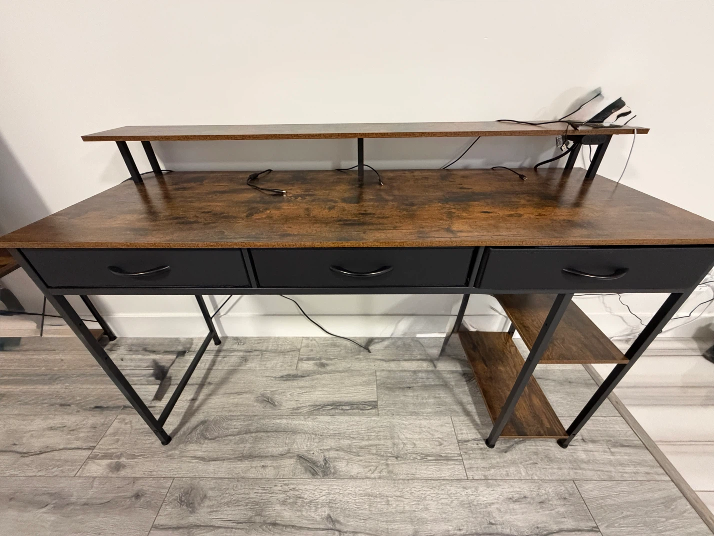 Brown and Black 3-Drawer Desk with Hutch