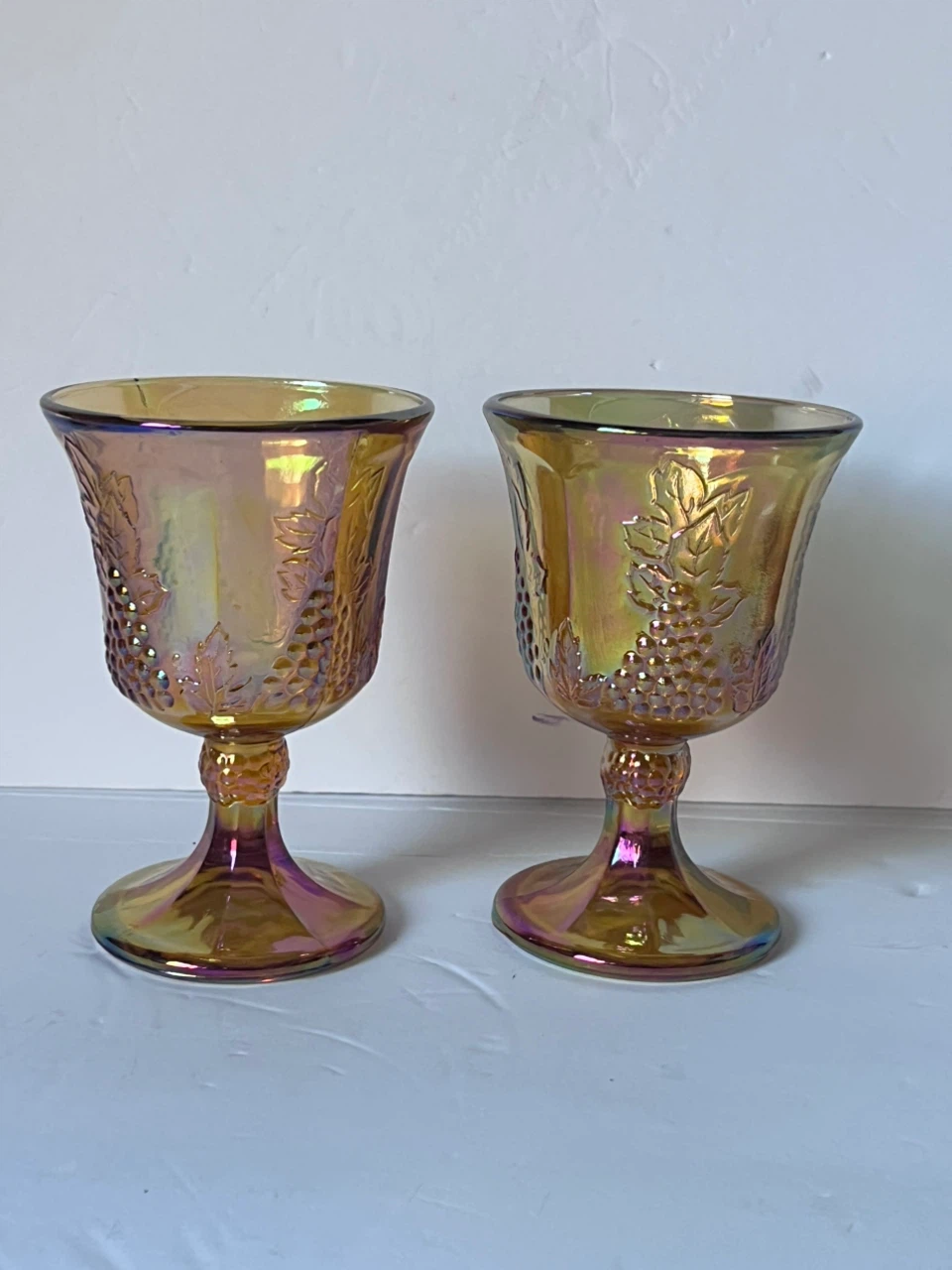 Set of 2 Amber Grape Pattern Goblets
