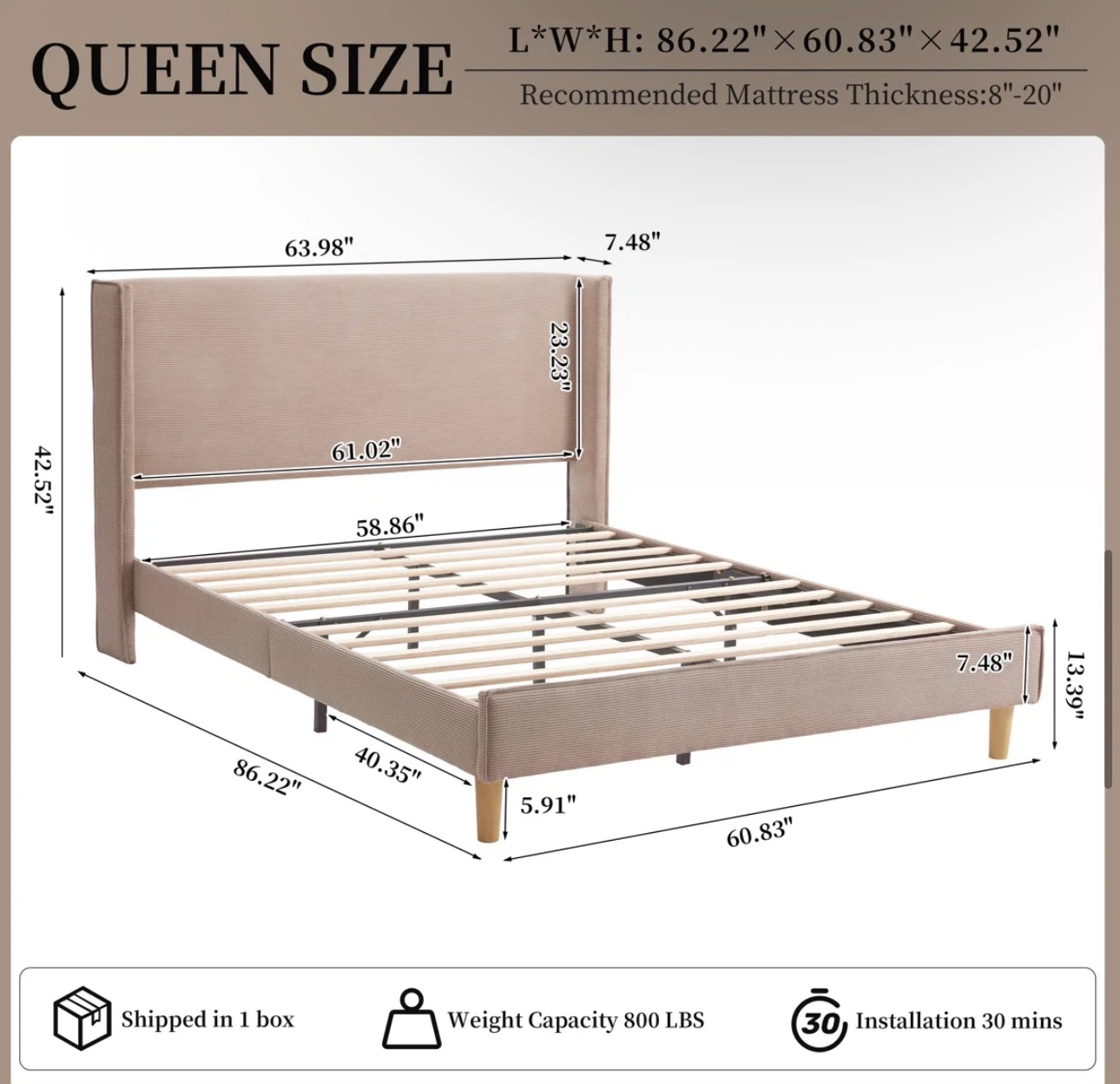Queen Size Bed Frame with Headboard & Mattress - photo 2