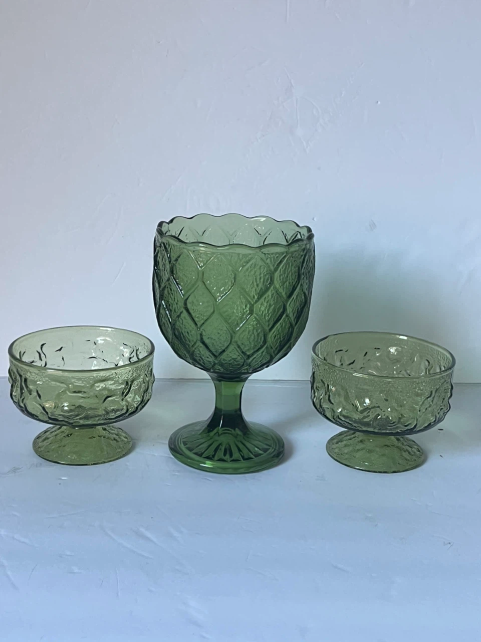 Set of 3 Green Glass Pedestal Dessert Bowls