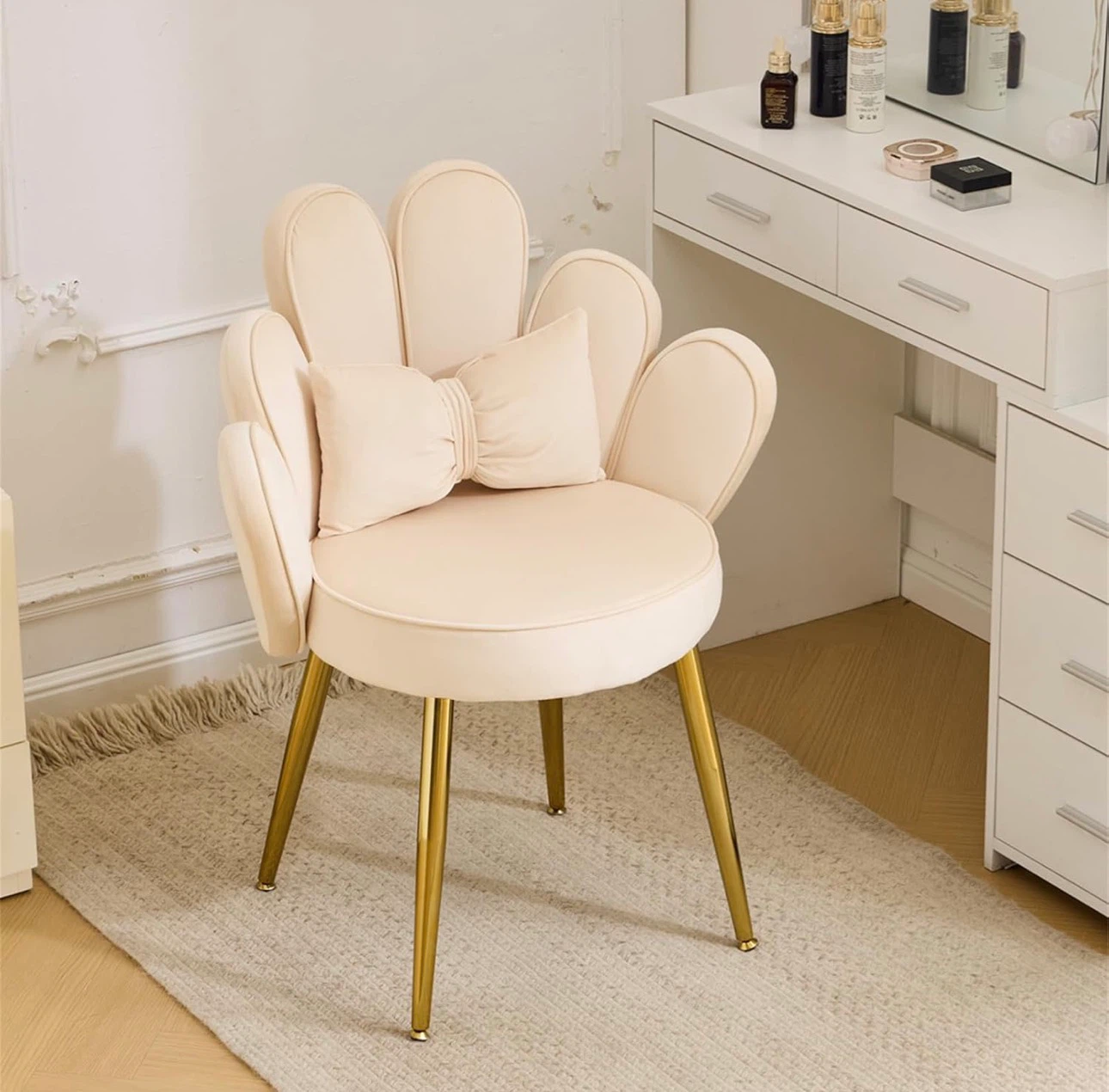 Velvet Accent Chair with Bow Pillow - Cream