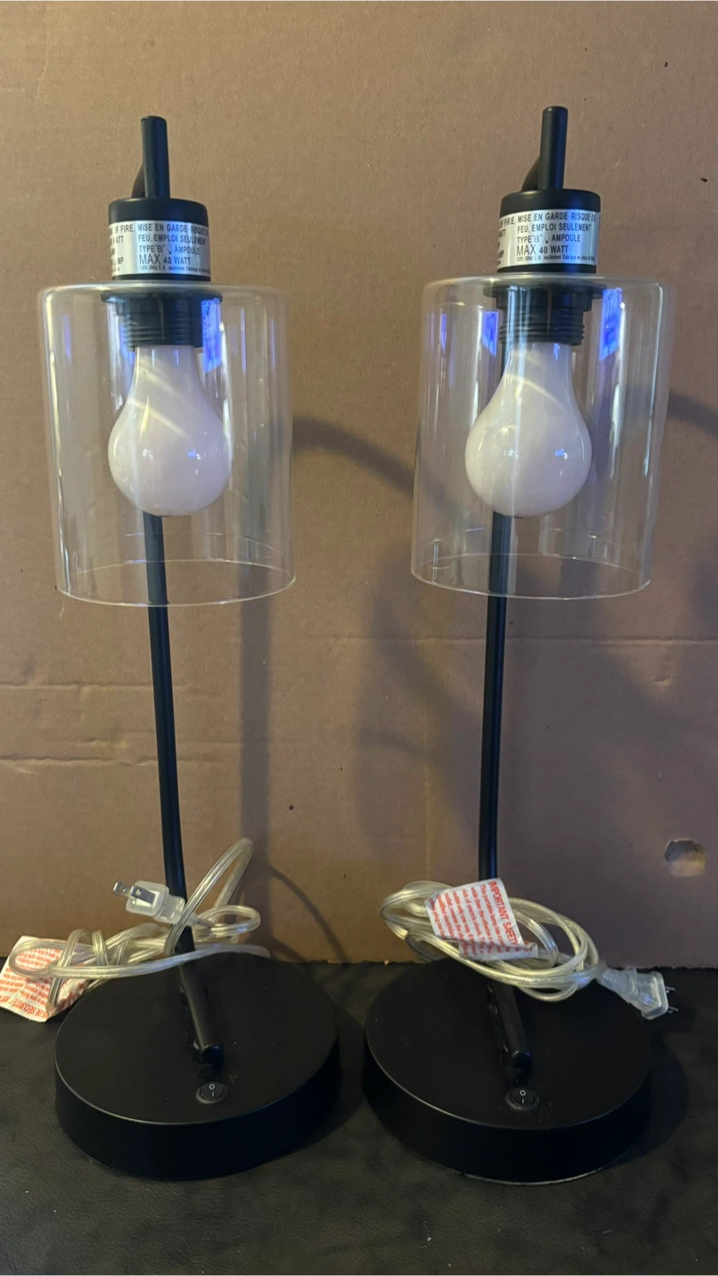 Set of 2 Black Metal Table Lamps with Glass Shades