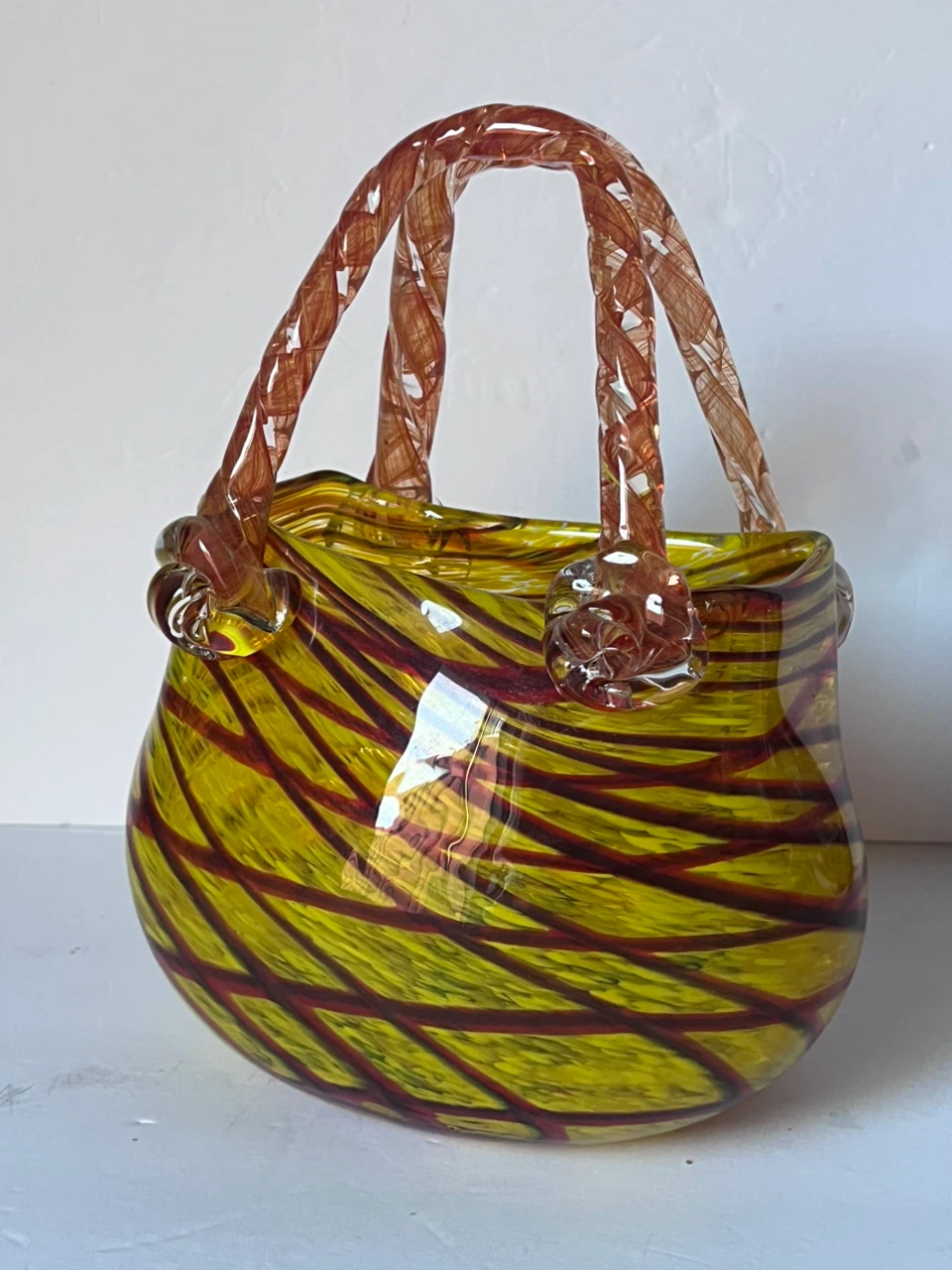 Hand-Blown Glass Purse Vase Yellow Red Swirl