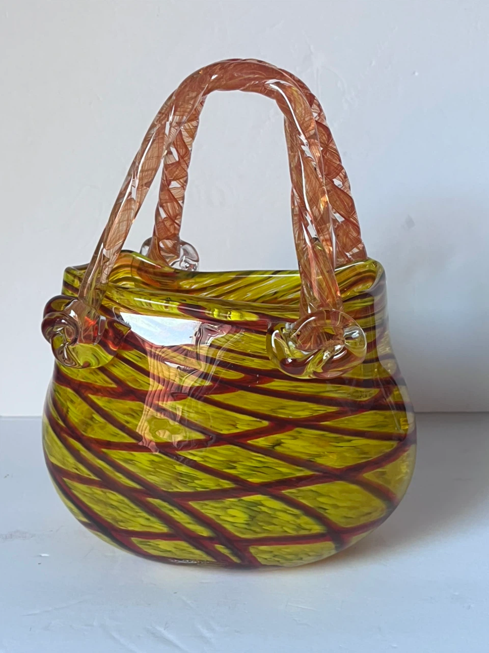 Hand-Blown Glass Purse Vase Yellow Red Swirl - photo 2