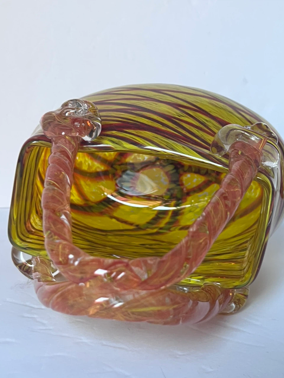 Hand-Blown Glass Purse Vase Yellow Red Swirl - photo 3