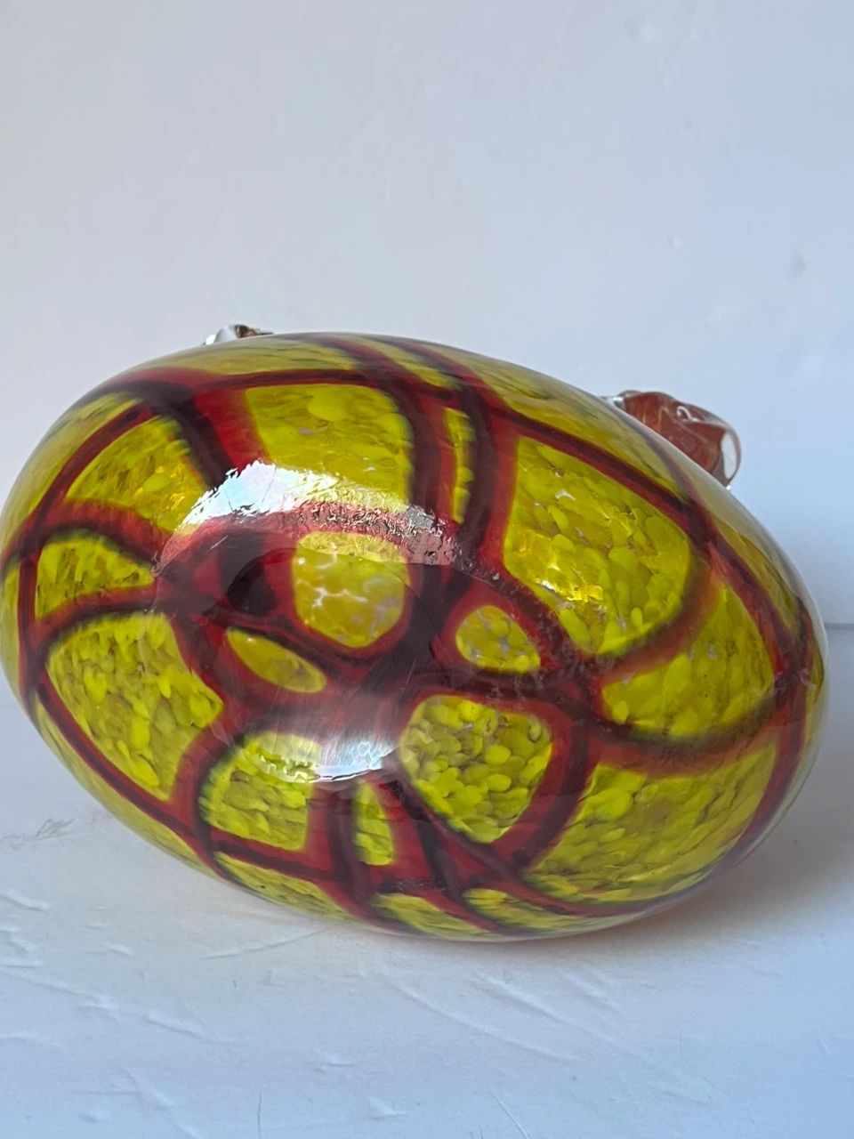 Hand-Blown Glass Purse Vase Yellow Red Swirl - photo 4