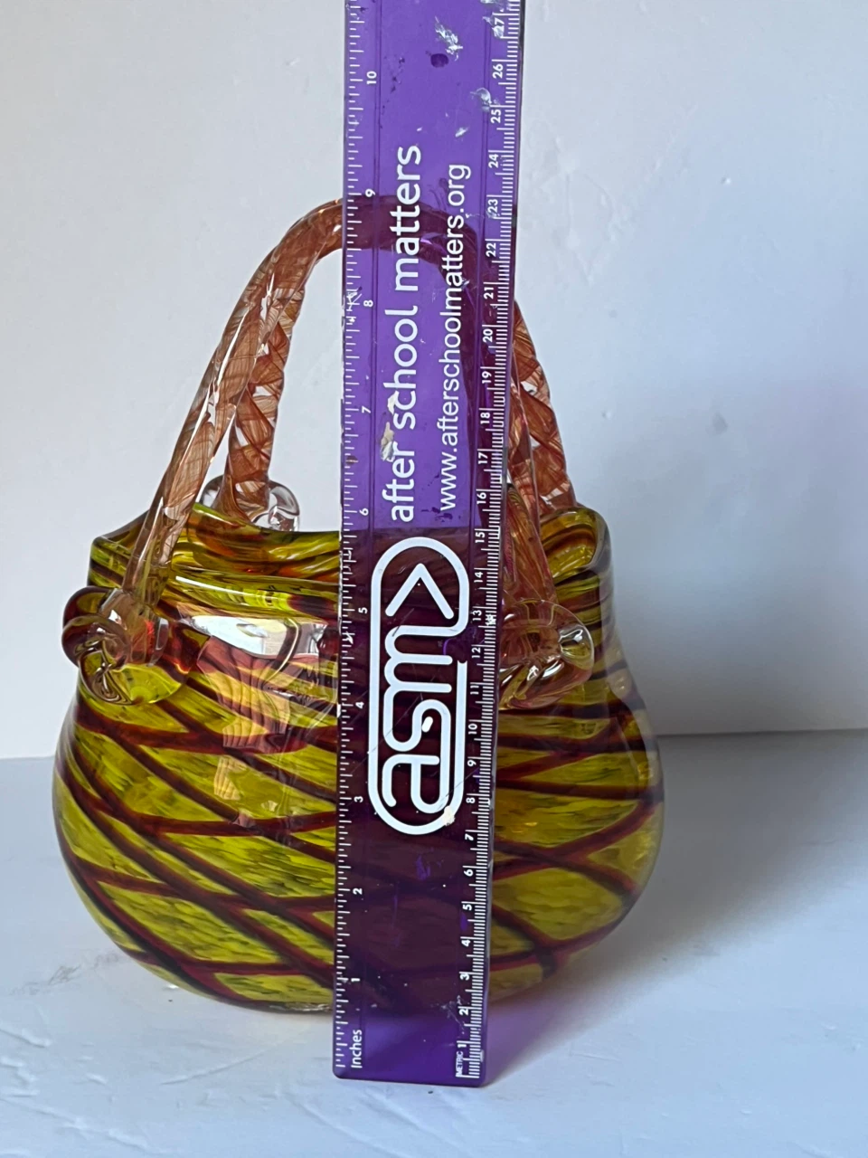 Hand-Blown Glass Purse Vase Yellow Red Swirl - photo 5
