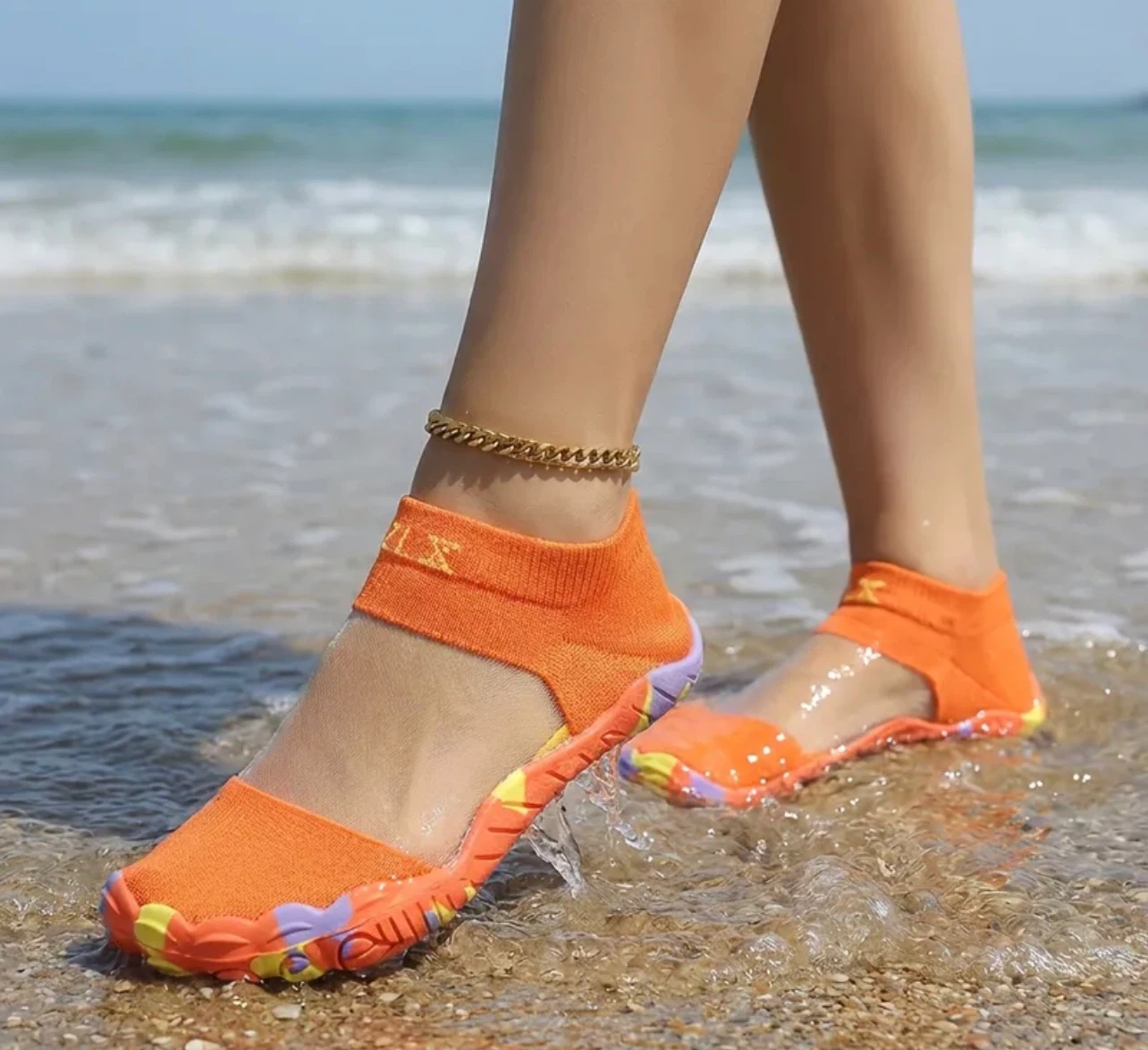 Orange Water Shoes with Colorful Sole-size 8