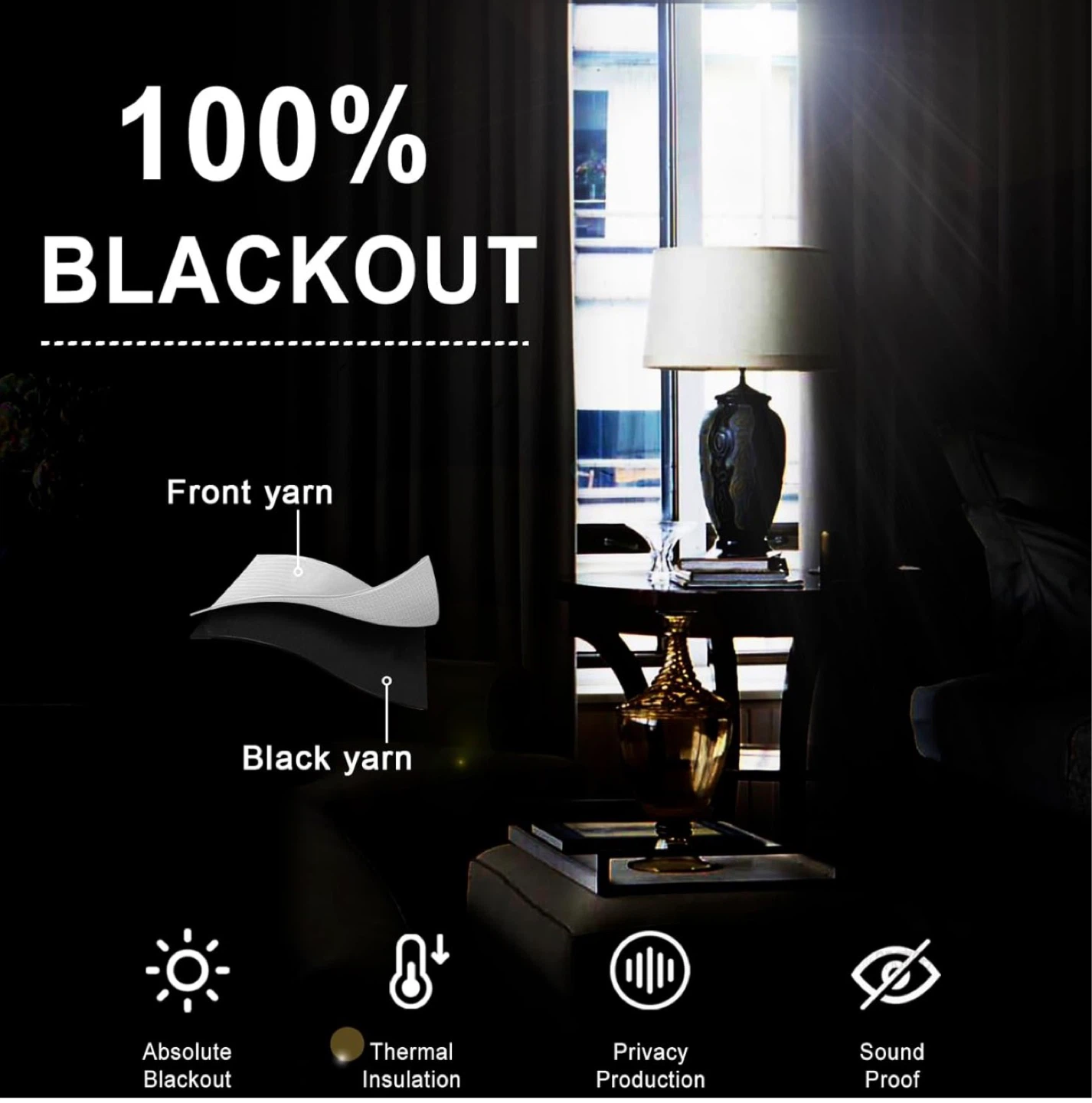 100% Blackout Curtains - 2 Panels - 52x63 - Black - brand new - photo 2
