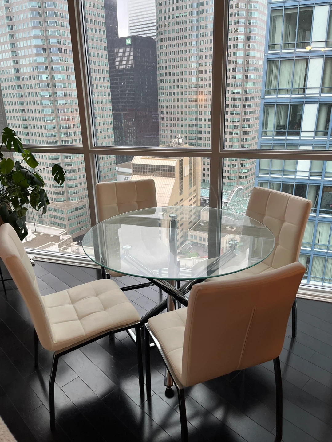 4-Person Glass Top Dining Set with White Chairs