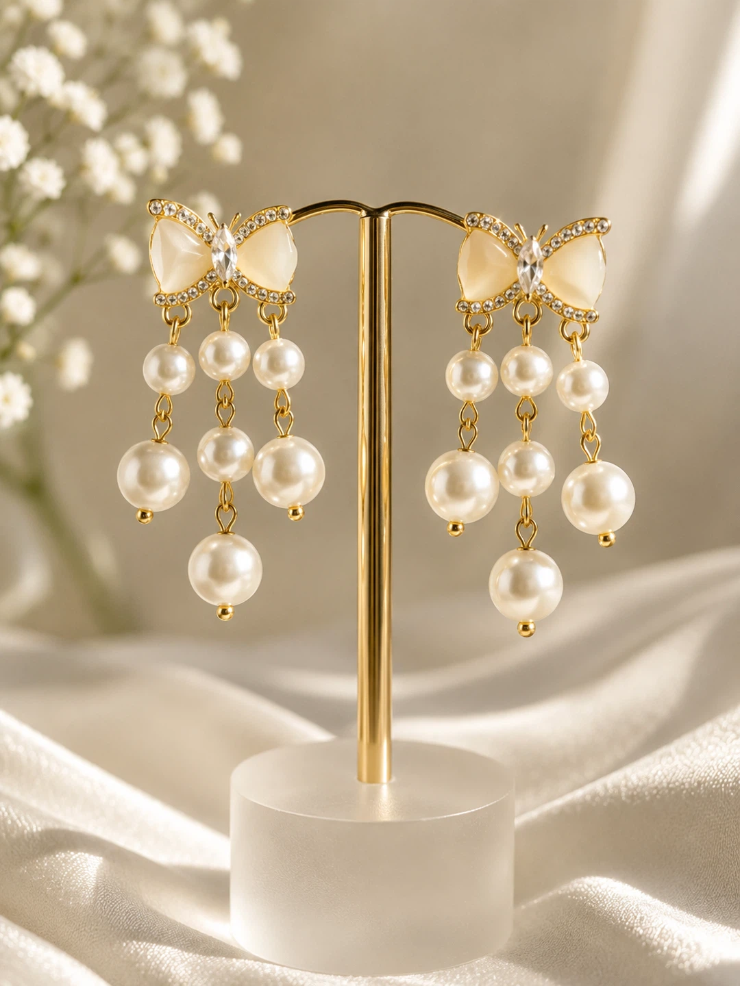 Pearl Bow & Flower Dangle Earrings