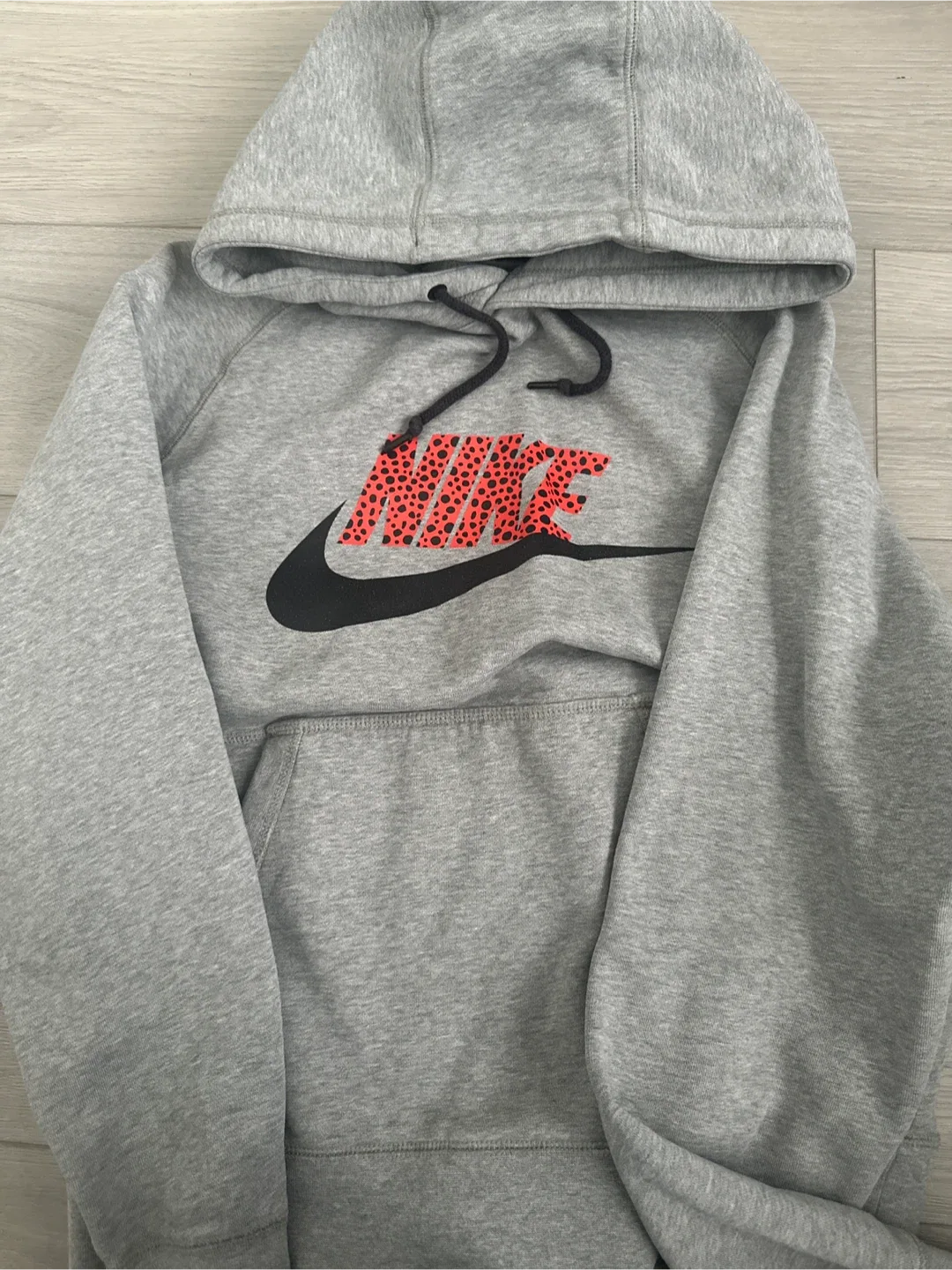 Nike Grey Hoodie with Red Leopard Print Logo