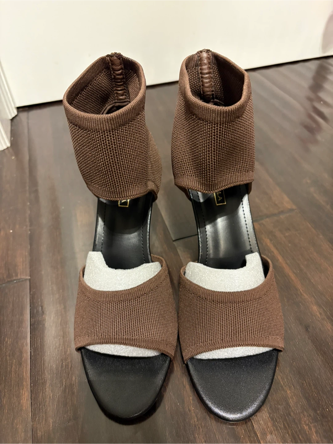 Brown Knit Ankle Strap Heels