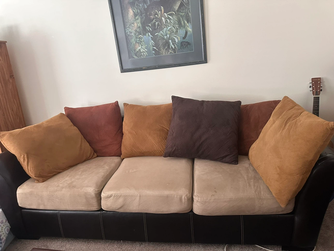 Brown Faux Leather Sofa  and Love Seat with Tan Cushions