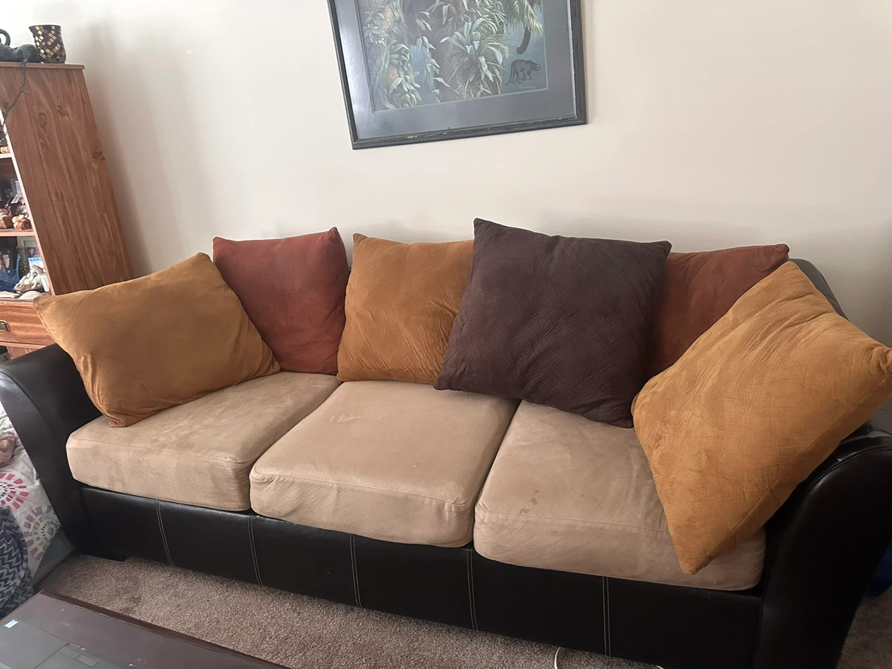 Brown Faux Leather Sofa  and Love Seat with Tan Cushions - photo 2