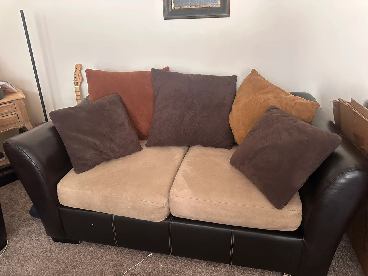 Brown Faux Leather Sofa  and Love Seat with Tan Cushions - photo 3