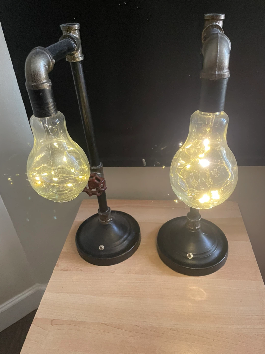 Pair of Industrial Pipe Table Lamps with LED Fairy Lights