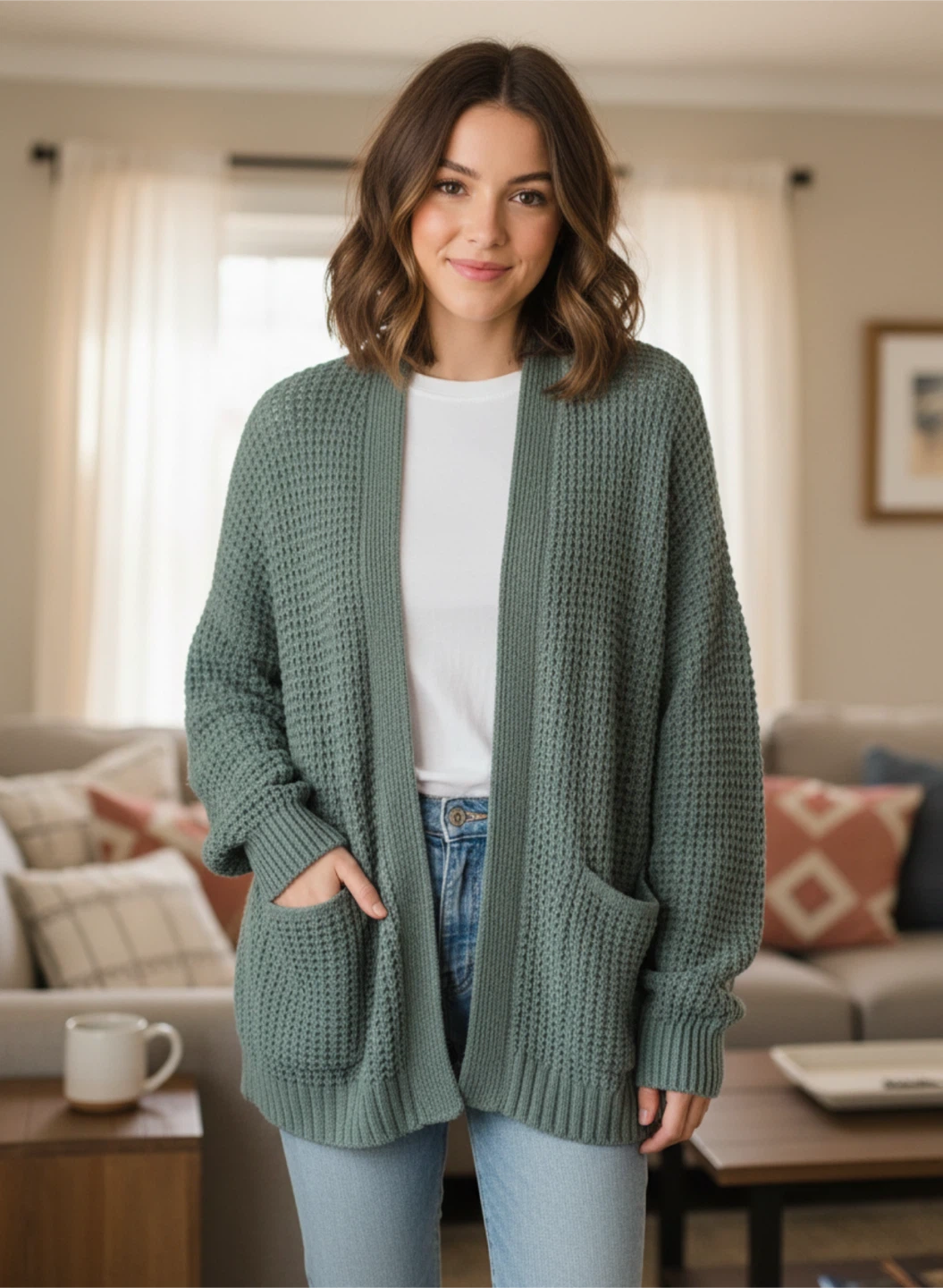 American Eagle Green Waffle Knit Cardigan